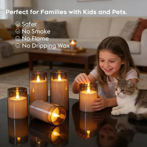 Miniatura 4 de Fo32won juego de 5 velas LED sin llama de pilar gris, que funcionan con pilas, con control remoto y temporizador, velas decorativas acrílicas
