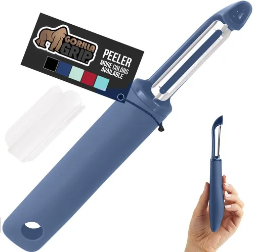 Miniatura 11 de GORILLA GRIP Pelador de verduras patentado de acero inoxidable afilado sin BPA, doble giratorio, mango suave y cómodo, pele suavemente manzanas