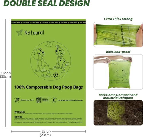 Miniatura 3 de Bolsas compostables certificadas para excremento de perro, 270 bolsas, 18 rollos, bolsas para excrementos para perros hechas de almidón de maíz