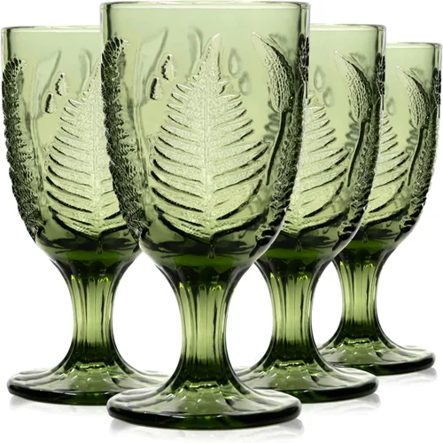 Juego de 4 copas de vino con tallo verde vintage, copas de vino de vidrio texturizado en relieve de helecho, copas de color retro bohemio, vasos