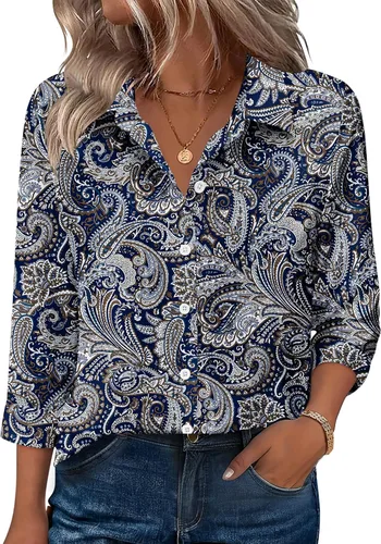 Miniatura 13 de Zeagoo Camisas con botones para mujer, manga 3/4, cuello en V, blusas con cuello en V, trajes casuales de negocios