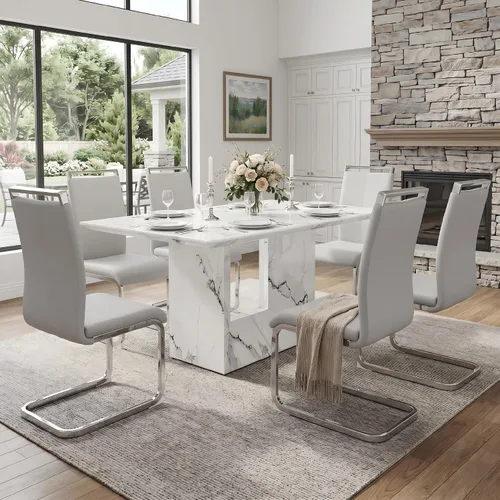 Miniatura 31 de Conjunto de mesa de comedor MUUOKY para 4, mesa de cocina de 63'' y sillas para 4, conjunto de mesa gris y 4 sillas modernas, adecuado para comedor