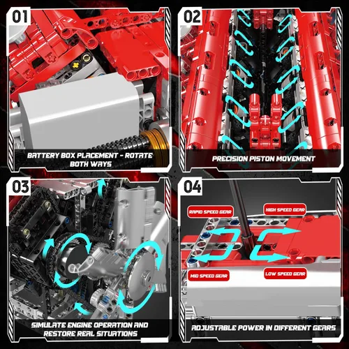 Miniatura 4 de Mould King Kit de modelo de motor V12 que funciona – Juego de bloques de construcción de mini motores motorizados con batería y cambio de marchas