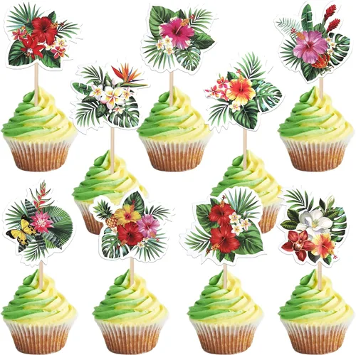Miniatura 16 de Rsstarxi Paquete de 25 adornos tropicales para cupcakes Luau con decoración de pastel de flamenco de feliz cumpleaños, palmera, flamenco, piña