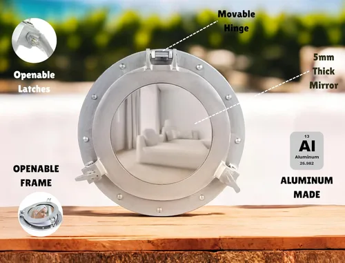 Miniatura 3 de Nagina International Espejo Náutico Premium de Aluminio con Recubrimiento en Polvo Estilo Pirata, Reloj y Ventana con Ojo de Buey Decoración Deco