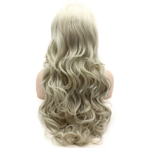 Miniatura 4 de Peluca de cabello ondulado largo de 26 pulgadas, dos tonos, mezcla de rubio blanco, resistente al calor, densidad pesada, realista, peluca de encaje