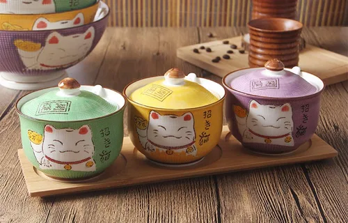 Miniatura 5 de Cerámica japonesa Maneki Neko Lucky Cat Azúcar Sal Pimienta Tarro de almacenamiento con tapa y cuchara Púrpura