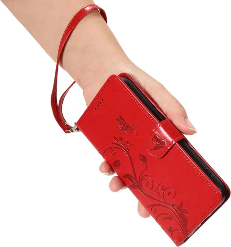 Miniatura 7 de Funda para Motorola Moto E22/E22i, piel sintética, con tarjetero y correa para la muñeca, a prueba de golpes, funda magnética para Motorola Moto Rojo