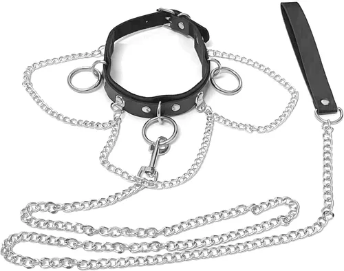 Miniatura 6 de Gargantilla de cuero con correa de cadena para adolescentes, punk gótico Y2K, accesorios de cosplay, tres anillos o y dijes de cadenas