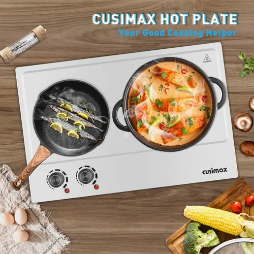 Miniatura 7 de Placa de cocción, Cusimax - Quemador doble de 1800 W, placa de calentamiento de hierro fundido, estufa eléctrica con control de temperatura Plateado
