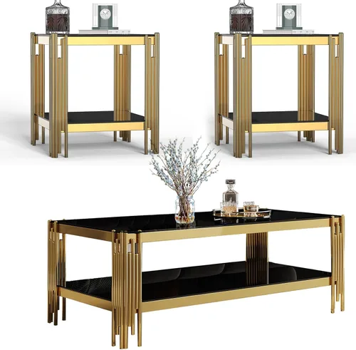 Miniatura 17 de Mesa auxiliar rectangular de vidrio de 48 pulgadas, mesa de centro de 2 niveles con parte superior de vidrio templado negro, patas de acero