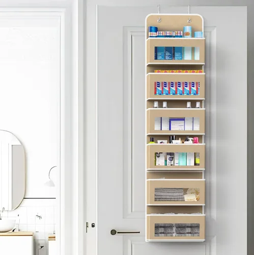 Miniatura 5 de Simple Houseware - Organizador con 6 bolsillos con ventana transparente para colgar sobre la puerta del armario, para recámara, baño, despensa, Beige