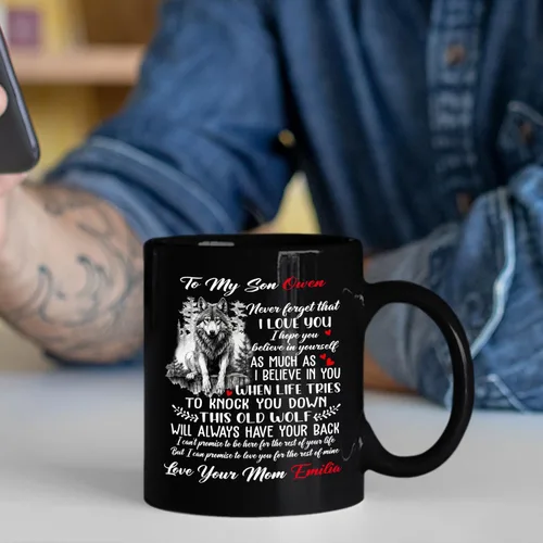 Miniatura 5 de Taza de café personalizada con texto en inglés «To My Son Never Forget That I Love You To Knock You To Knock You Down This Old Wolf Will Have Your