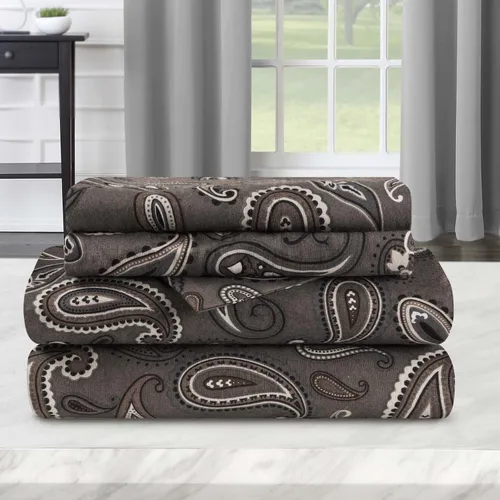 Miniatura 5 de Superior Juego de sábanas de algodón de franela con diseño paisley o sólido, sábanas cálidas y suaves, ropa de cama tradicional bohemia, incluye 1