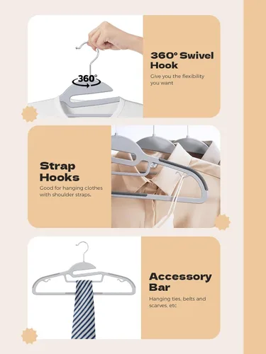 Miniatura 7 de HOUSE DAY Paquete de 100 perchas de plástico resistentes, perchas delgadas grises que ahorran espacio, perchas duraderas en forma de S Gris claro +
