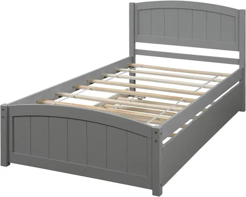 Miniatura 4 de Merax Cama de plataforma de madera con nido – Cama individual soporte de listones de madera, no necesita somier, gris