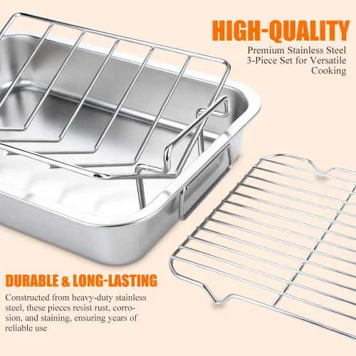 Miniatura 7 de Kit de sartenes para asar pavos de acero inoxidable de 15.5 x 11.5 pulgadas, para hornos, parrilla en V y estante de refrigeración, bandeja de asado