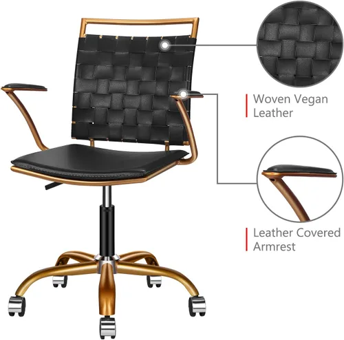 Miniatura 3 de Silla de escritorio negra y dorada, silla giratoria ergonómica de escritorio para computadora con brazos, silla ergonómica de cuero negro