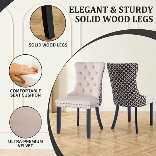 Miniatura 7 de Velvet Dining Chairs Set of 2, Tufted High Chairs with Nailhead Trim, Pull Ring, Black Solid Wood Legs, Elegant Upholstered Accent Chairs for Dining