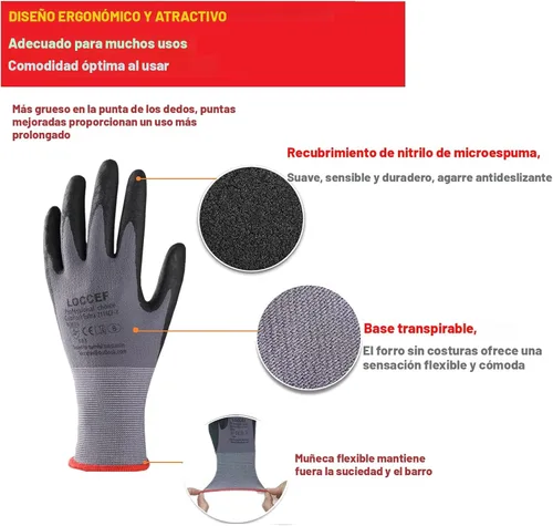 Miniatura 2 de LOCCEF Guantes de trabajo de seguridad con revestimiento de nitrilo de microespuma, 12 pares, guantes de nailon de punto sin costuras, mejoras