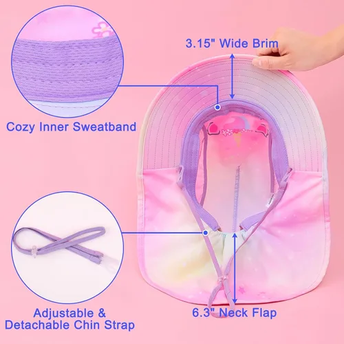 Miniatura 33 de Sombrero de sol para niños, protección UV, unicornio, verano, playa, jugar con ala ancha, solapa para el cuello para niñas y niños