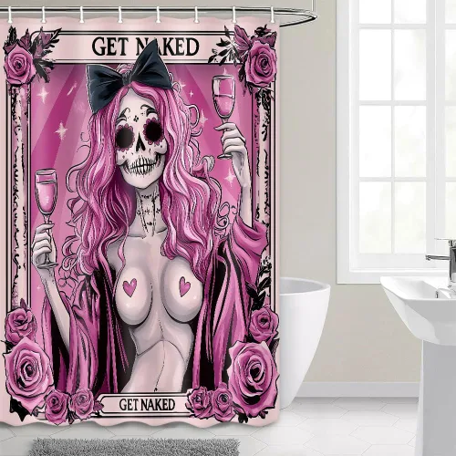 Miniatura 2 de Divertida cortina de ducha de esqueleto de calavera rosa, para Halloween, gótica, rosa, rojo, rosa, floral, vino tinto, terror, terror, cortina