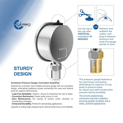 Miniatura 3 de Medidor de presión de combustible de 1-1/2", carcasa de acero inoxidable 304, conexión de latón cromado, relleno de glicerina, 0-15 psi, precisión