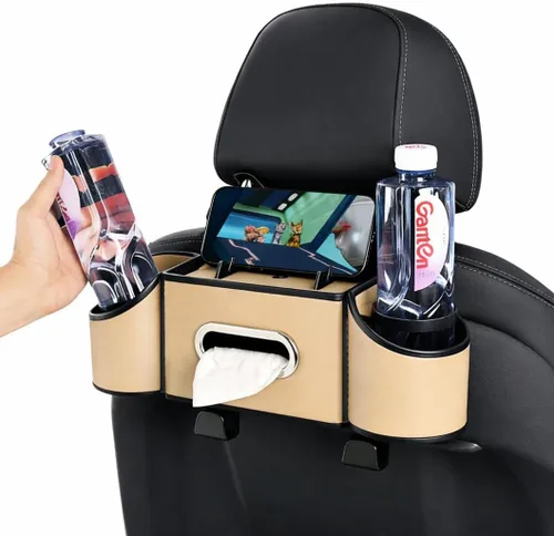 Miniatura 10 de Organizador de asiento trasero de automóvil, organizador de automóvil 4 en 1, asiento trasero con portavasos y caja de pañuelos, organizador de Negro