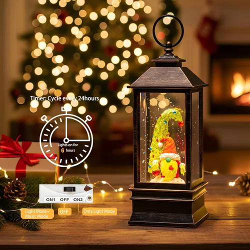 Miniatura 4 de Gnomos de Navidad de 10 pulgadas, linterna de globo de nieve iluminada, caprichoso árbol de Navidad y elfo escandinavo, linterna de agua musical