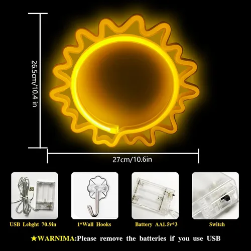 Miniatura 5 de Letrero de neón para decoración de pared, estético, amarillo, para dormitorio, USB/3-AA, funciona con pilas, luz nocturna para decoración de luz