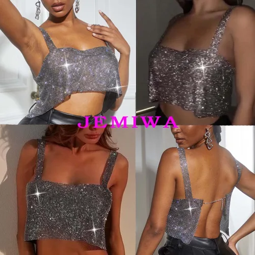Miniatura 6 de Top corto de lentejuelas brillantes, bikini plateado halter de metal, cadena para el cuerpo, sin negro, playa, rave, club, cadenas de pecho