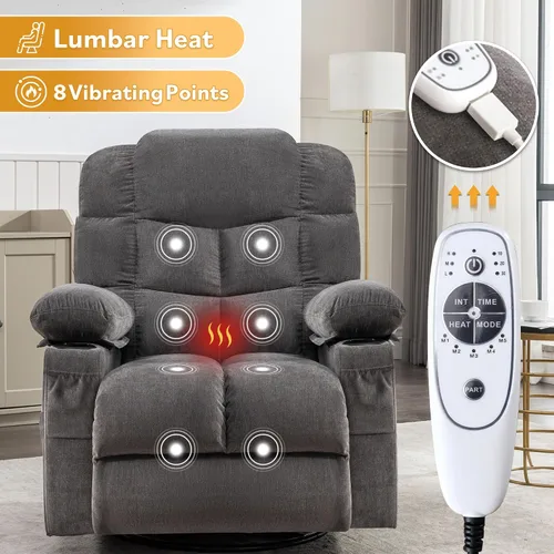 Miniatura 3 de MAHOMICO Swivel Rocker Recliner Chair with Vibration Massage and Heat for Living Room,with Rocking Function and Side Pocket, USB Charge Port,2 Cup