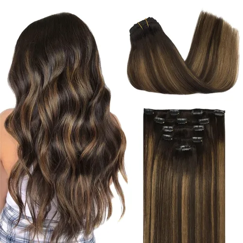 DOORES Extensiones de cabello humano con clip, de 18 pulgadas, balayage, de color marrón oscuro a castaño con clip, 5 unidades, 2.33 onzas, trama