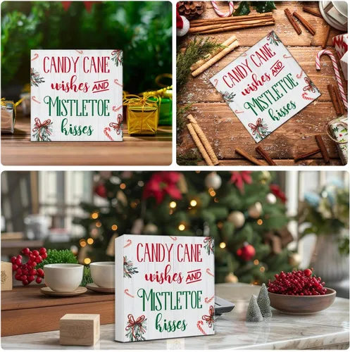 Miniatura 3 de Divertida decoración de Navidad, decoraciones navideñas para interiores, deseos de bastón de caramelo y besos de muérdago, letrero de madera rústico