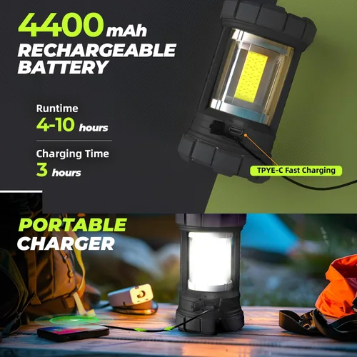 Miniatura 4 de Linterna de campamento de 3000 lúmenes, faroles LED para cortes de energía con cargador de teléfono de 4400 mAh, linterna recargable resistente a