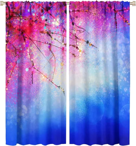 Miniatura 32 de Cortinas opacas con diseño floral de galaxia azul abstracta para dormitorio, cortinas de ventana de teñido anudado con diseño de flor de cerezo