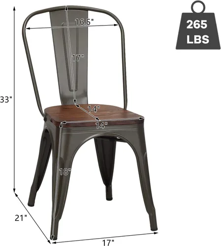 Miniatura 3 de HAPPYGRILL Juego de 4 sillas de comedor, sillas de cocina de metal para interiores y exteriores con asiento de madera y respaldo alto, sillas