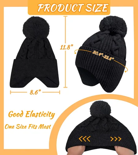 Miniatura 4 de KMOLY Gorro de punto de invierno para mujer con pompones, gorro de calavera cálido con solapas para las orejas para mujer