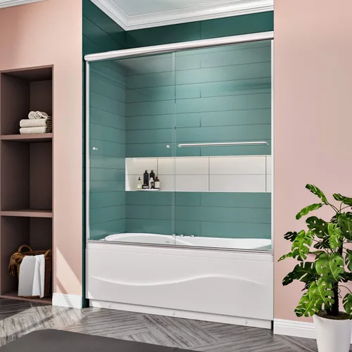 Miniatura 20 de ELEGANT Puerta corredera doble de ducha de 60 pulgadas de ancho x 72 pulgadas de alto, puertas de cristal de ducha de baño semi-marco, vidrio Negro