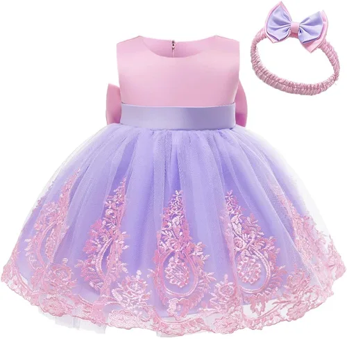 Miniatura 3 de Vestidos de encaje para desfile de bebé de 1-6 años vestido bordado con tocado