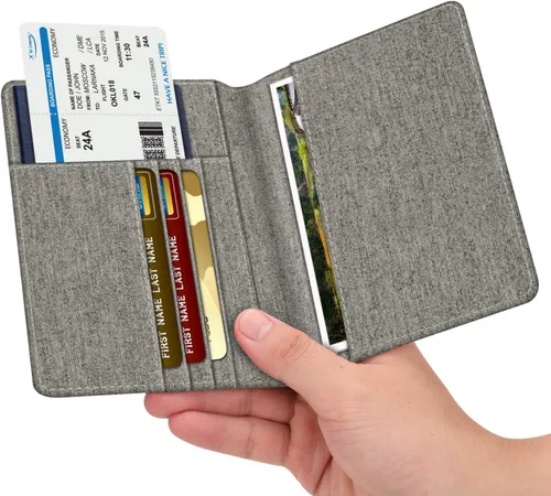 Miniatura 2 de Fintie - Funda para tarjetas y pasaporte, de piel sintética, bloqueo RFID, cartera de viajes (mezclilla gris)