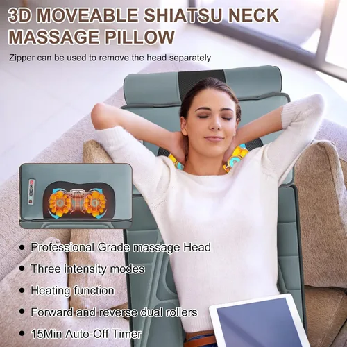 Miniatura 4 de Alfombrilla de masaje de cuerpo completo con calor y almohada masajeadora de espalda Shiatsu movible y masajeador de pies, almohadilla de colchón