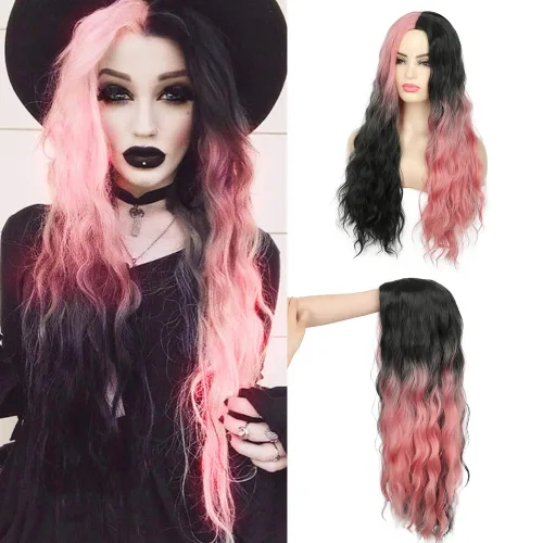 Miniatura 9 de Swiking Pelucas largas de color verde y negro para mujer, pelucas de cabello ondulado natural ombré verde sintético de fibra suave para fiesta