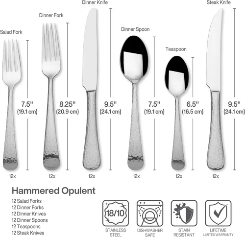 Miniatura 2 de Mikasa Hammered Opulence - Juego de cubiertos para 12, 75 piezas de acero inoxidable 18/10 con asas martilladas, incluye cuchillos para carne