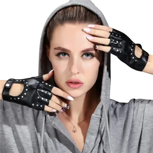 Miniatura 2 de FLORVIV Guantes negros sin dedos de piel sintética gótica gótica cosplay disfraz punk Halloween actuación para mujeres