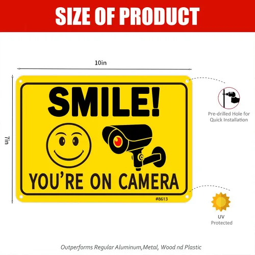 Miniatura 3 de Paquete de 2 letreros de seguridad divertidos de 10 x 7 pulgadas con cara sonriente e icono de cámara, aluminio sin óxido, impresión UV y resistente