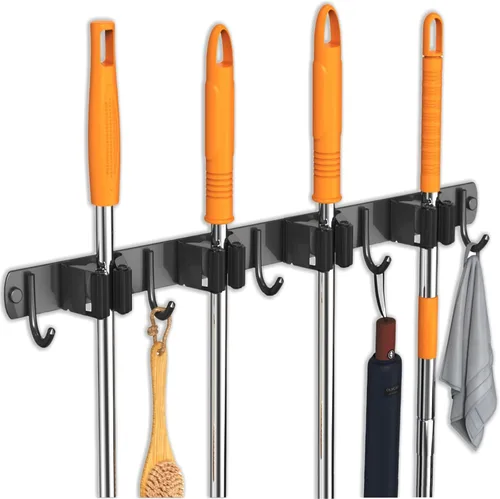 Miniatura 13 de CUXIXA Organizador de escoba y trapeador para colgar en la pared, soporte de pared mejorado para trapeador y escoba, soporte de pared de acero Plata