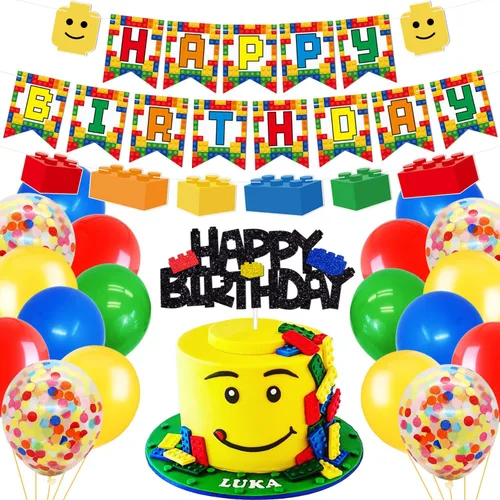 Paquete de Decoraciones de Fiesta de Cumpleaños con Temática de Bloques de Construcción - Incluye Adornos de Pastel con Purpurina, Pancartas y