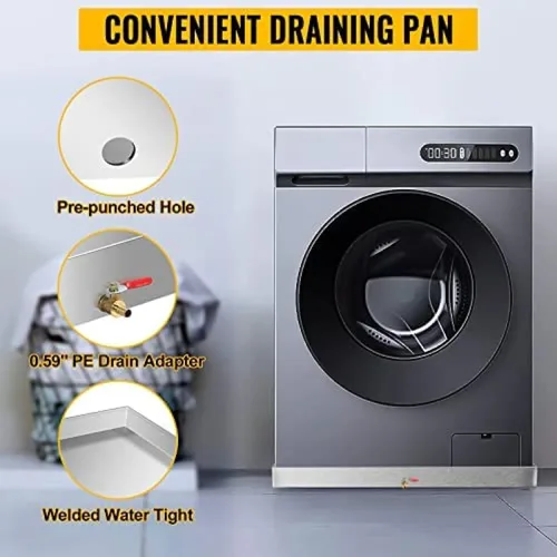 Miniatura 5 de Bandeja de drenaje galvanizada para lavadora con accesorio de drenaje de PVC, prevención de daños por agua, sin fugas con orificio de drenaje y 32 x
