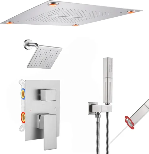 Miniatura 14 de VANFOXLE Juego de grifo de ducha dorado cepillado, grifo de ducha con 2 en 1 de mano, cabezal de ducha LED de 16 pulgadas, cabezal de ducha LED de 6